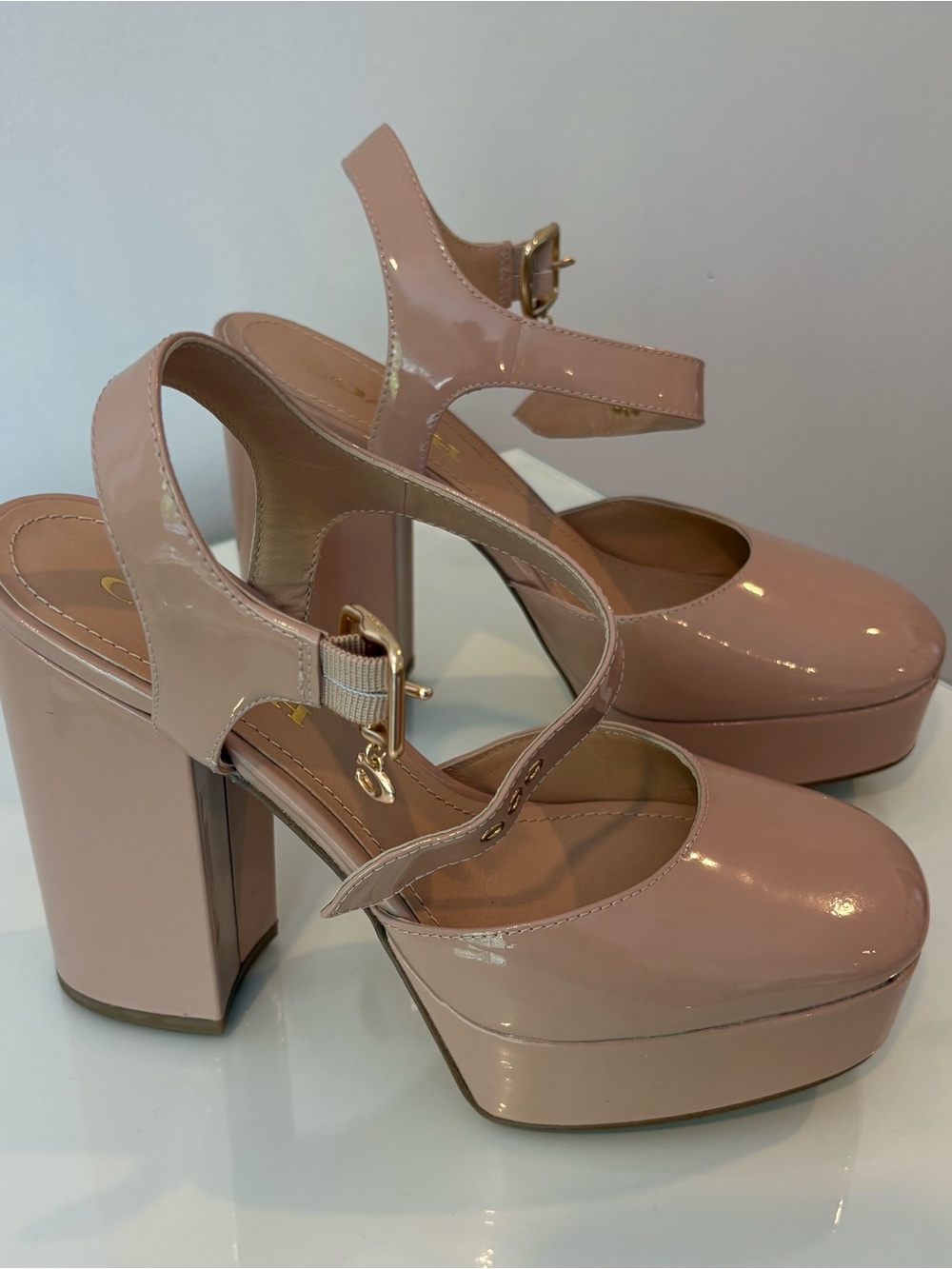 Coach Blush Patent Platform Mary Jane Block Heels